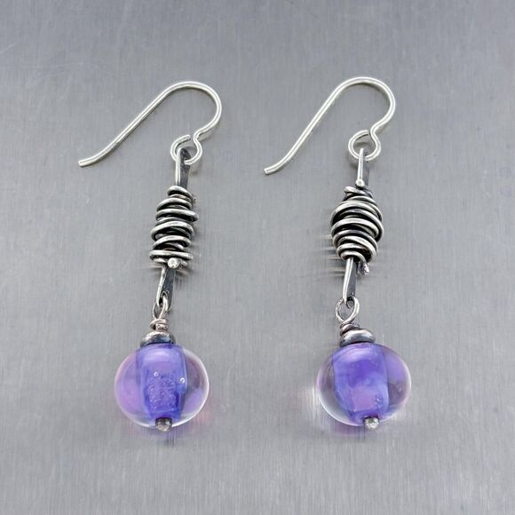 Estate Artisan Sterling Silver Purple Pink Polka Dot Glass Bead Dangle Earrings - Picture 3 of 4